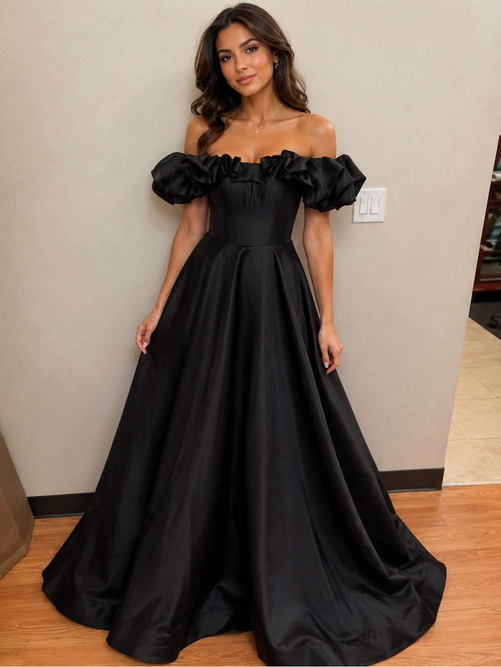 Stunning Off-Shoulder Black Satin Ball Gown Dress size 2 Nicoletta